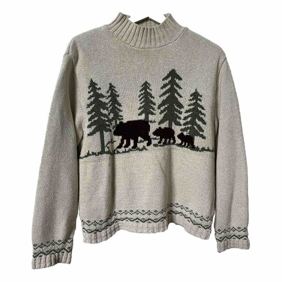 Parkhurst Sweaters - Vintage Cotton Country Parkhurst Beige Knit Bear Landscape Sweater